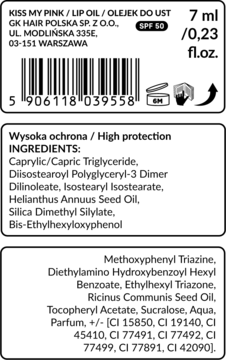 Tył opakowania olejku do ust Kiss My Pink z filtrem SPF 50, z listą składników i kodem kreskowym.