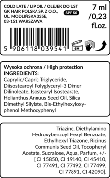 Tył opakowania olejku do ust Cold Latte GK Hair Polska SPF 50 z listą składników i kodem kreskowym.