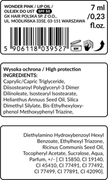 Tył opakowania olejku do ust Wonder Pink SPF 50 z widoczną listą składników i kodem kreskowym.
