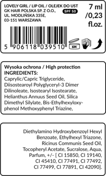 Tył etykiety olejku do ust Lovely Girl SPF 50. Białe tło, widoczne składniki, kod kreskowy i dane producenta.