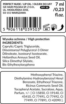 Tył opakowania Perfect Nude Lip Oil SPF 50 z listą składników, objętością 7ml i kodem kreskowym.