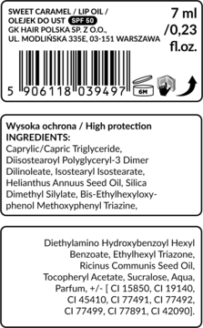 Tył opakowania olejku do ust GK Hair Sweet Caramel SPF 50 z listą składników i kodem kreskowym.