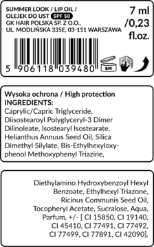 Tył opakowania olejku do ust Summer Look z SPF 50, z listą składników i kodem kreskowym.
