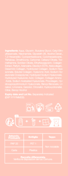 Tył opakowania serum Triple Collagen 4.0, z czytelną listą składników i szczegółowymi instrukcjami recyklingu.