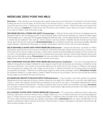 Instrukcja Medicube Zero Pore Pad MILD, biała ulotka z wielojęzycznym tekstem, widok z góry.