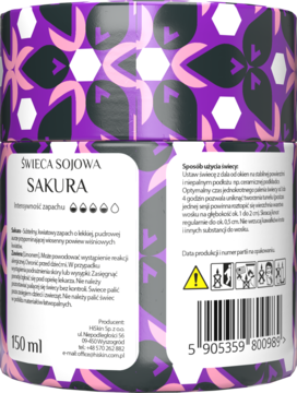 Hiskin MOMENTS świeca sojowa Sakura 150 ml, widok z tyłu opakowania z etykietą i kodem kreskowym.