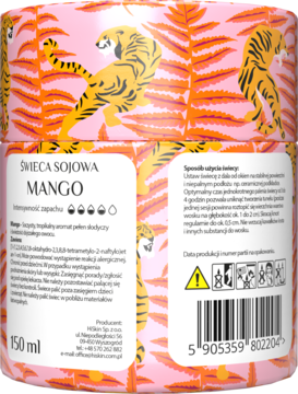 Świeca sojowa Mango w różowym pojemniku z tygrysim wzorem, widok z boku i tyłu z etykietą produktu.