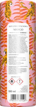 Tył opakowania dyfuzora zapachowego MANGO, 100 ml, w różowe tygrysy i liście, z białym panelem info.