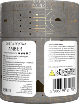 Tył okrągłej świecy sojowej AMBER 150ml w szaro-złotym opakowaniu z geometrycznym wzorem, widoczny kod kreskowy.