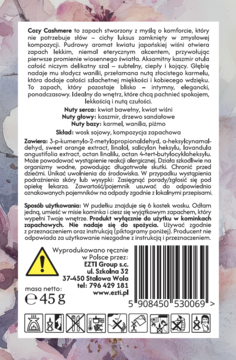 Tył opakowania wosku zapachowego Ezti Candles Cozy Cashmere 45g. Biała etykieta z polskim opisem i kodem.