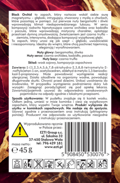Tył opakowania wosku zapachowego Black Orchid z listą składników, instrukcją użycia i danymi producenta.