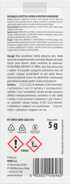 Perfumowana saszetka Jaśmin & Drzewo Sandałowe 5g, przód z ostrzeżeniami, składem i danymi NOWE S.A.