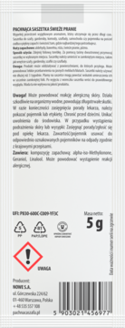 Tył białej saszetki zapachowej Świeże Pranie 5g z polskim tekstem ostrzegawczym, symbolami recyklingu i kodem kreskowym.