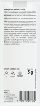 Tył białej saszetki zapachowej Kwiat Czereśni 5g z informacjami, symbolami recyklingu, danymi producenta i kodem kreskowym.