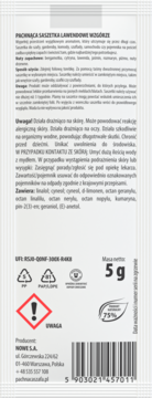 Tył białej saszetki zapachowej Lawendowe Wzgórze 5g: składniki, ostrzeżenia i symbol 75% naturalności.