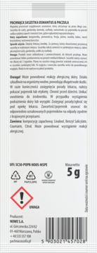 Tył białej saszetki zapachowej Osmantus & Paczula 5g z polskim tekstem, symbolami recyklingu i ostrzeżeniem.