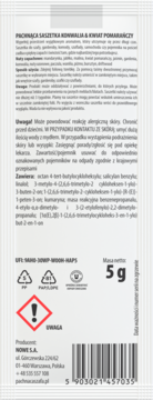 Tył białej saszetki zapachowej Konwalia & Kwiat Pomarańczy 5g, z listą składników, ostrzeżeniem i kodem kreskowym.