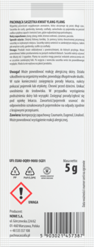 Tył białej saszetki zapachowej NOWE Ylang-Ylang 5g z instrukcją użycia, składem i ostrzeżeniami.