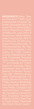 Zbliżenie na listę składników podkładu TIRTIR Mask Fit All Cover Cushion, biały tekst na brzoskwiniowym tle.