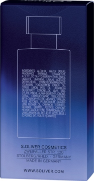 Tył granatowego opakowania perfum s.Oliver United, z listą składników, danymi producenta i adresem WWW.