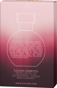 Tył różowo-fioletowego pudełka perfum s.Oliver United. Widoczna lista składników i 'Made in Germany'.