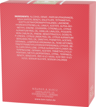Różowy tył opakowania perfum Tom Tailor Urban Life z białą listą składników i danymi producenta.