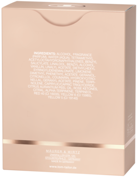 Tył różowego opakowania wody perfumowanej Maurer & Miez z listą składników. Widoczna złota opaska.