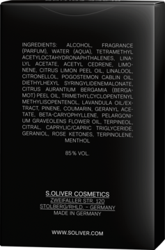 Tył czarnego opakowania perfum S.Oliver Cosmetics z listą składników, adresem i informacją 85% VOL.
