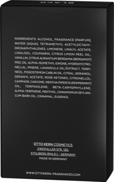 Tył czarnego opakowania Otto Kern Gentleman’s Code woda toaletowa dla mężczyzn, z listą składników i danymi producenta.