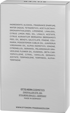 Tył opakowania wody toaletowej Otto Kern Gentlemans Code Silver z listą składników i adresem producenta.
