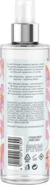Tył butelki Betty Barclay Coconut Pistachio body & hair mist, z listą składników, kodem kreskowym i tropikalnym wzorem.
