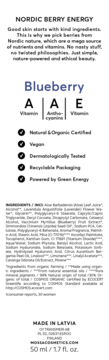 Tył opakowania kremu Nordic Berry Energy Blueberry. Widoczne składniki, witaminy A, E i certyfikaty.