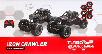 Opakowanie z dwoma czarnymi autami RC Iron Crawler Turbo Challenge, z pilotem, widok frontalny.