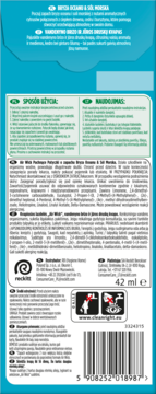 Tył niebieskiego opakowania Air Wick 42 ml, odświeżacza powietrza, z instrukcjami, składem i kodem kreskowym.