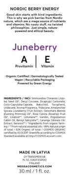 Tył etykiety olejku Mossa V Lift z informacjami o składnikach: Juneberry, Bakuchiol, Prowitamina A, Witamina E.