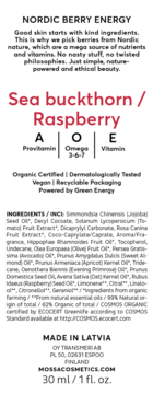 Mossa Vitamin Cocktail: tył etykiety z listą składników, opisem rokitnik/malina, witaminy A, O, E.