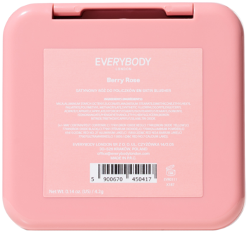 Tył różowego, kompaktowego różu Everybody London Berry Rose z widocznym składem, kodem kreskowym i masą netto.