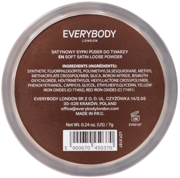 Tył brązowego opakowania Everybody London Soft Satin Loose Powder z informacjami o składzie.