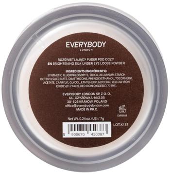 Widok z góry na okrągłe opakowanie Brightening Silk Under Eye Loose Powder z brązową etykietą i białym tekstem.