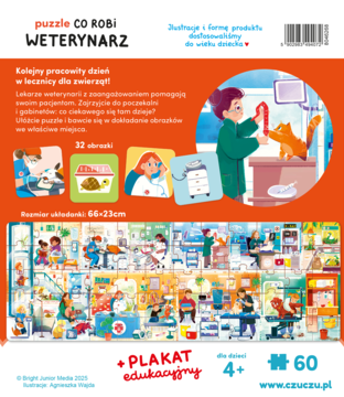 Tył opakowania 60-el. układanki edukacyjnej Co robi WETERYNARZ dla dzieci. Widok kliniki, plakat.