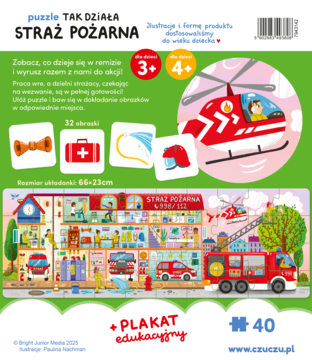 Kolorowe puzzle TAK DZIAŁA STRAŻ POŻARNA dla dzieci 3+, 40 elementów, z remizą i strażakami.