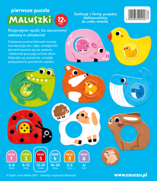 Pierwsze puzzle MALUSZKI dla dzieci 12+, tył opakowania z 8 kolorowymi układankami zwierzątek do dopasowania.