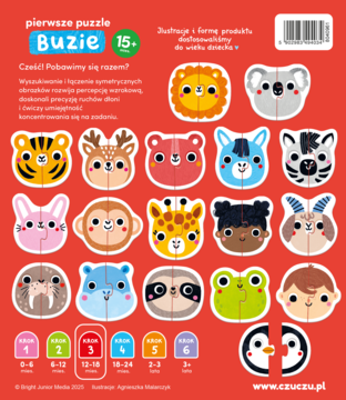 Czerwone opakowanie puzzli dla dzieci 'Buzie', dwuelementowe układanki z uroczymi zwierzętami, widok z przodu.