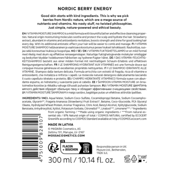 Tył opakowania szamponu Mossa Nordic Berry Energy. Biała etykieta ze składnikami, kodem kreskowym, 300 ml.