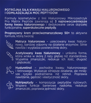 Ciemnoniebieska plansza z białym tekstem i ikonami. Szczegółowy opis 3 form kwasu hialuronowego i peptydów kremu Soraya.