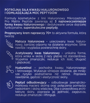Grafika na granatowym tle z opisem kremu Soraya 70+. Podkreśla 3 formy kwasu hialuronowego i moc peptydów.