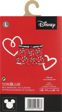 Tył opakowania czerwonych bokserek męskich Disney Mickey Mouse, rozmiar L, 95% bawełna, 5% elastan.
