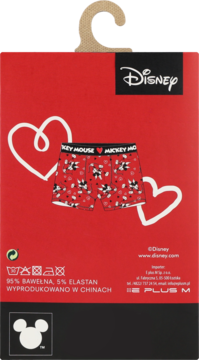 Czerwone opakowanie bokserek męskich Disney z motywem Myszki Miki i białymi sercami, z wieszakiem, widok z przodu.