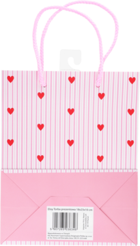 Różowa torba prezentowa w białe paski z czerwonymi sercami, widok z tyłu z etykietą produktu na spodzie.