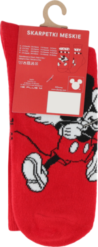 Czerwone męskie skarpetki Disney z dużą grafiką Myszki Miki, widok z przodu, z czerwoną etykietą produktu.